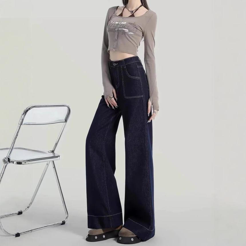 High Rise Contrast Stitched Wide Leg Jeans Product Image