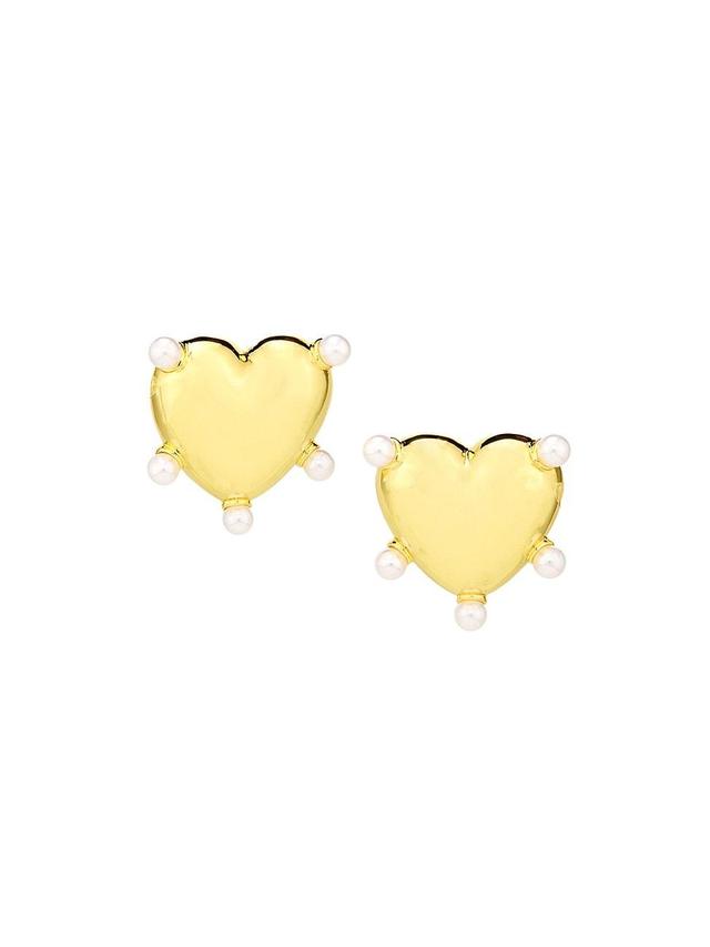 Womens 12K-Gold-Plated & Imitation Pearl Heart Stud Earrings Product Image