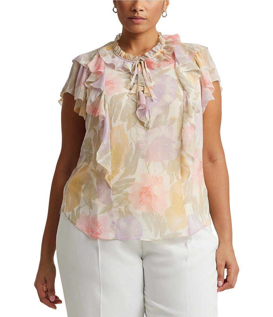 Lauren Ralph Lauren Plus Size Crinkle Georgette Floral Ruffled Tie Neck Short Sleeve Blouse Product Image