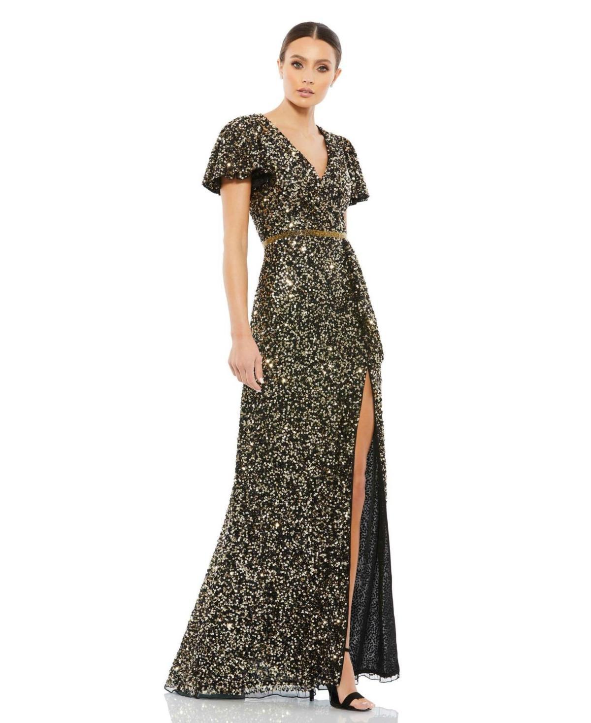 Womens Sequined Butterfly-Sleeve Gown Product Image