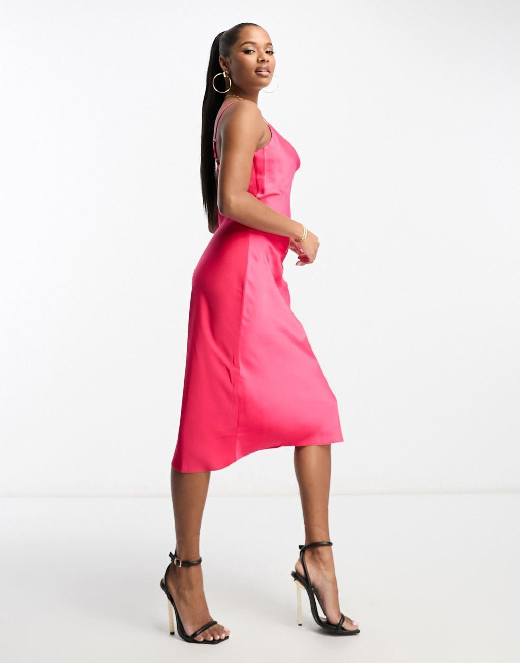 River Island Petite lace cowl neck slip dress in bright pink Product Image