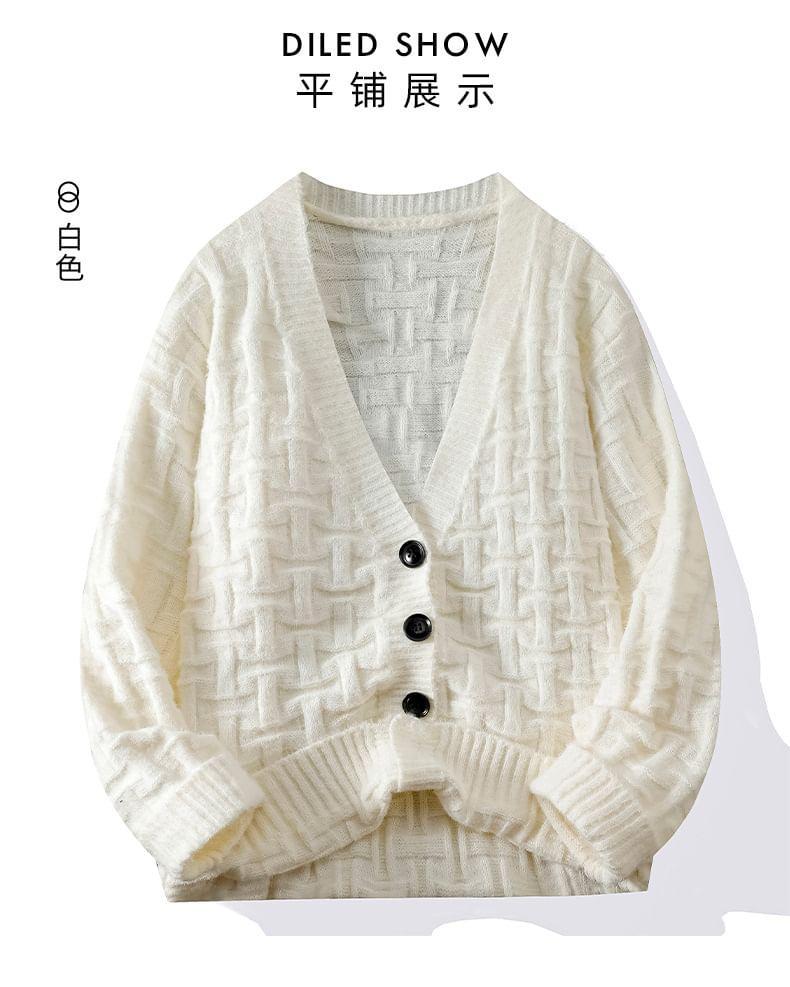 V-Neck Plain Jacquard Button-Up Cardigan Product Image