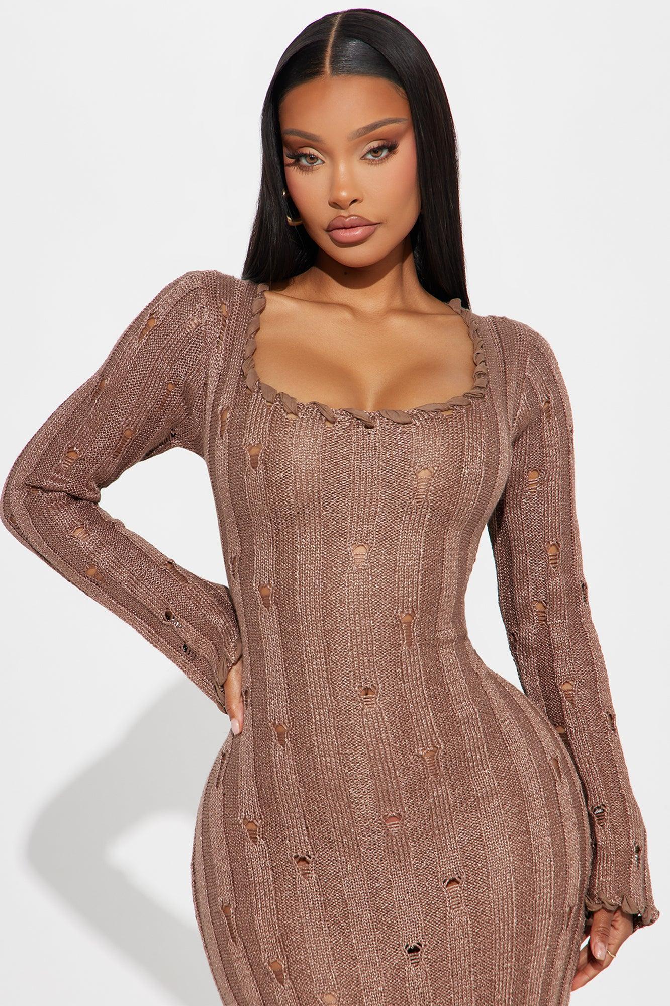 Heidi Distressed Sweater Maxi Dress - Mocha Product Image