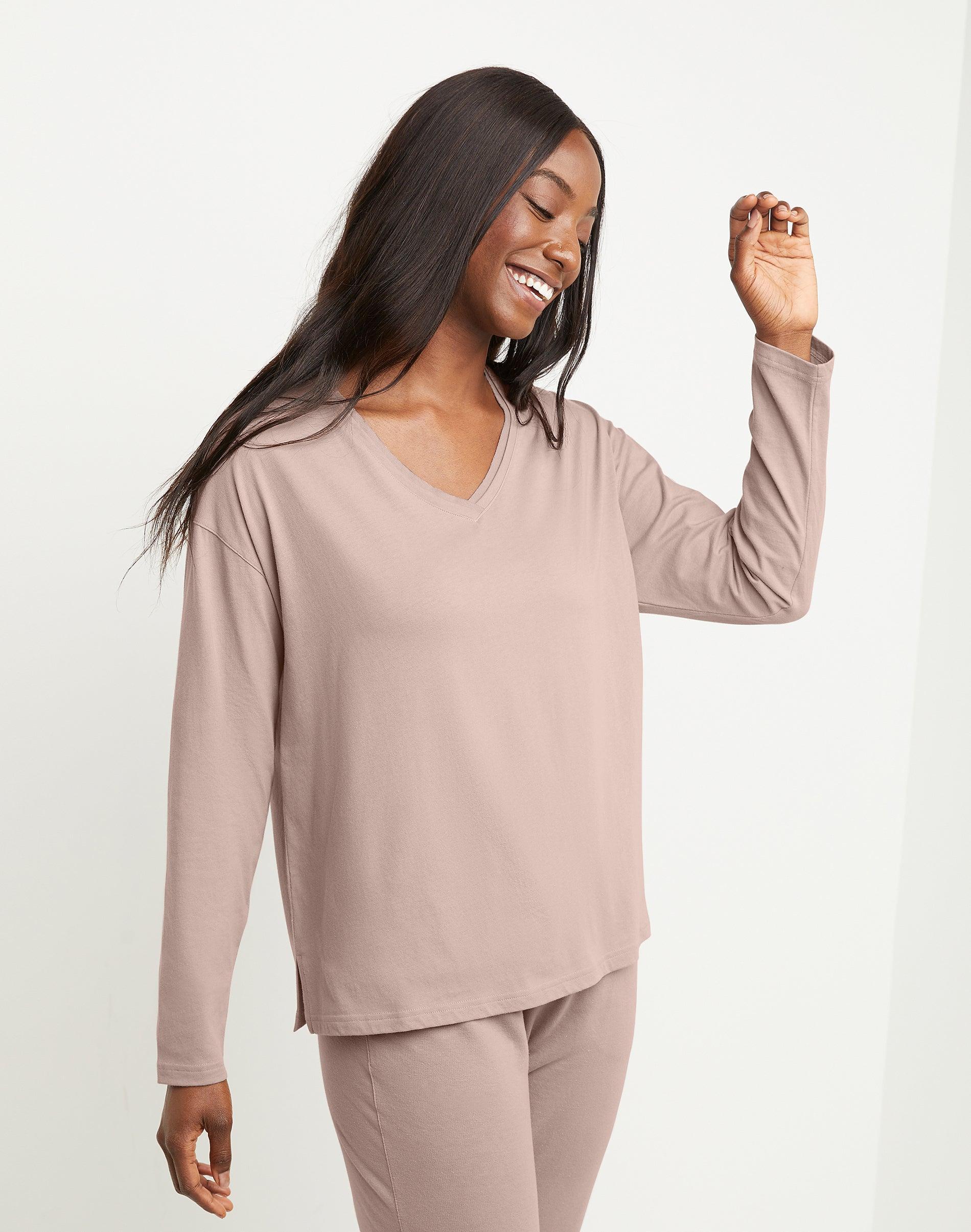 Hanes Originals Womens Long Sleeve Cotton T-Shirt, Raw Edge V-Neck Iced Mocha XS Product Image