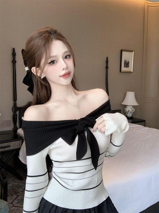 Long-Sleeve Off-Shoulder Striped Bow Accent Slim Fit Knit Top Product Image