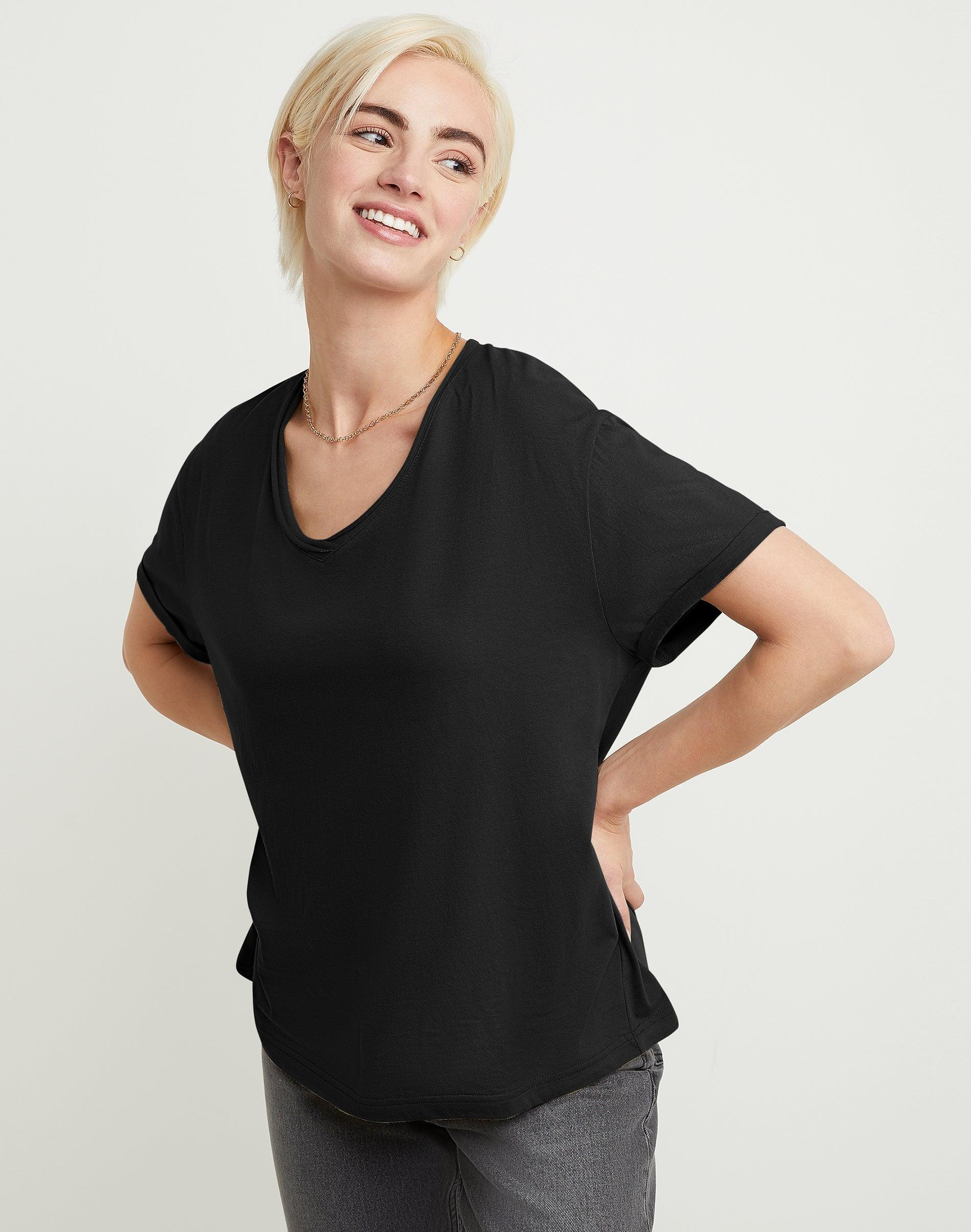 Hanes Originals Womens Cotton T-Shirt, Raw Edge V-Neck Black L Product Image