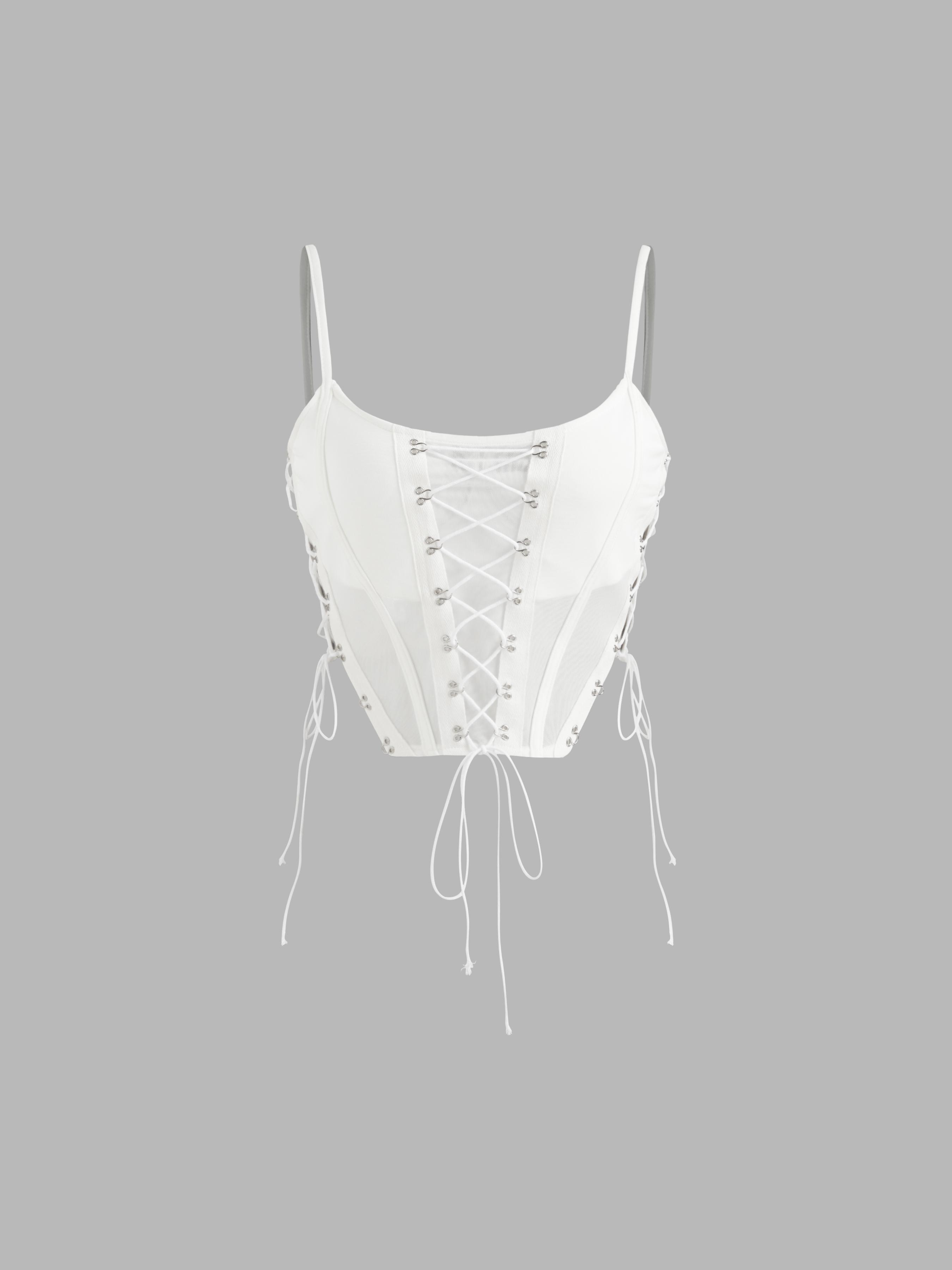 Mesh Scoop Neckline Solid Corset Lace Up Cami Crop Top Product Image