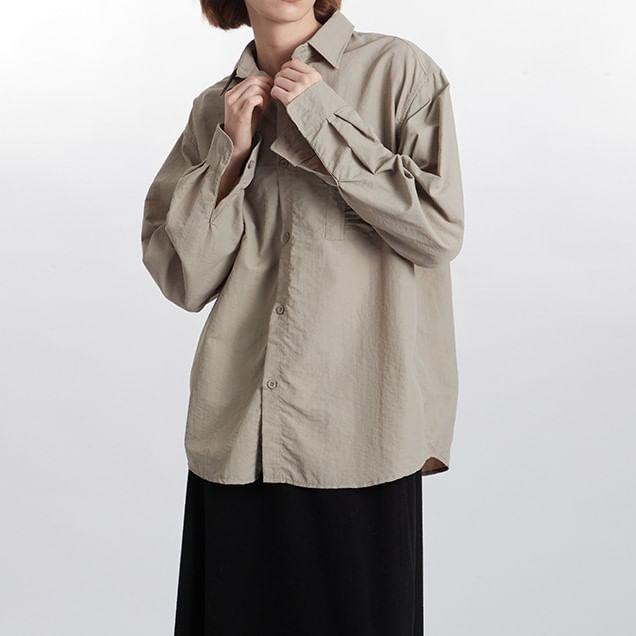 Long Sleeve Collared Plain Oversized Shirt Product Image