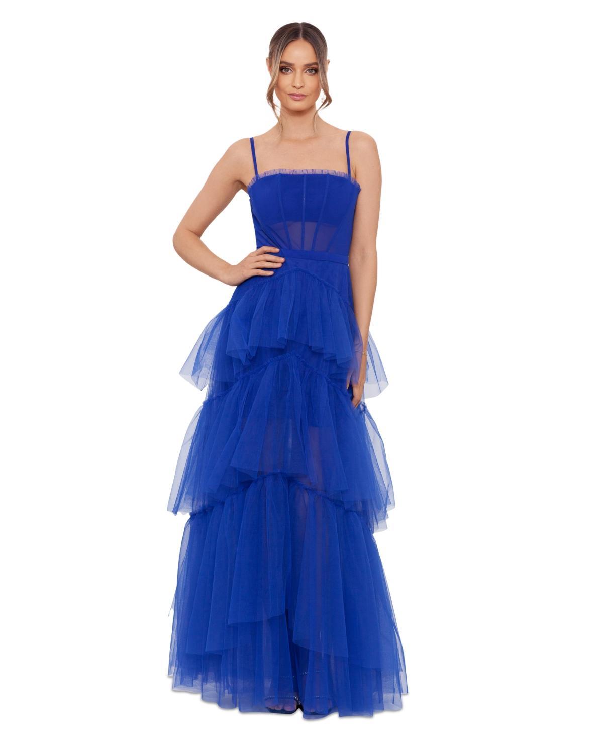 Betsy  Adam Illusion Tiered Ruffled Tulle Square Neck Mesh Sleeveless Gown Product Image