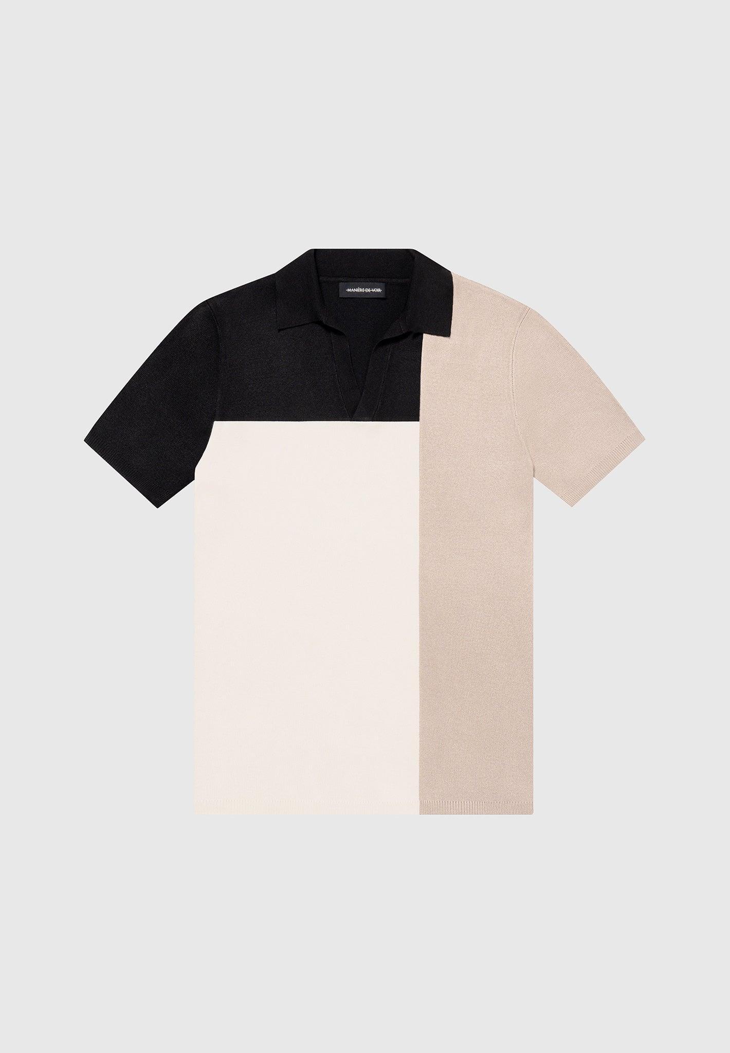 Colour Block Knit Revere Polo Top - Black/Beige Male Product Image