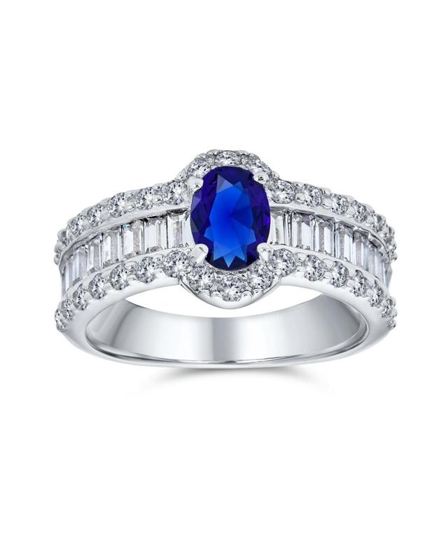 Traditional Art Deco Style Halo Blue Simulated Sapphire Oval Solitaire Engagement Ring For Women .925 Sterling Silver Product Image