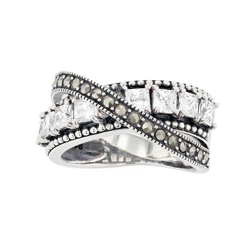 Lavish by TJM Sterling Silver Cubic Zirconia & Marcasite Crisscross Ring, Womens Product Image