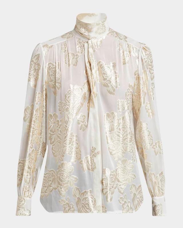 Metallic Floral Silk Scarf-Neck Top Product Image