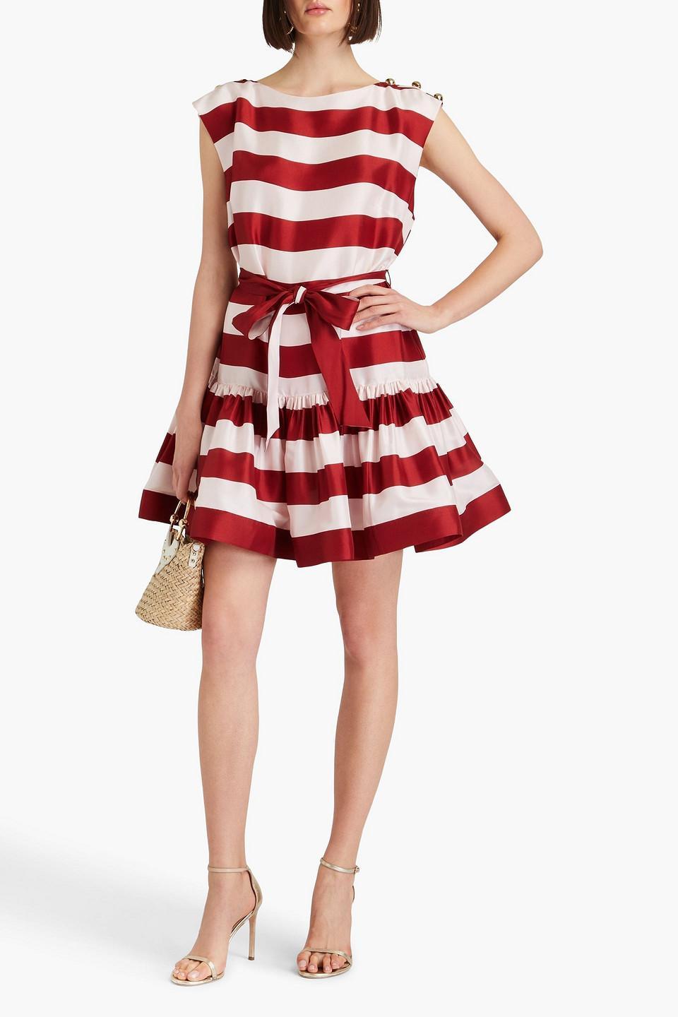 Belted Striped Silk-shantung Mini Dress In Burgundy Product Image