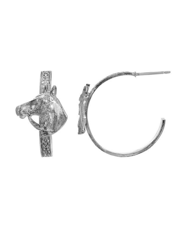 1928 Silver Tone Horse Head C-Hoop Earrings, Women's - Size: One Size Product Image