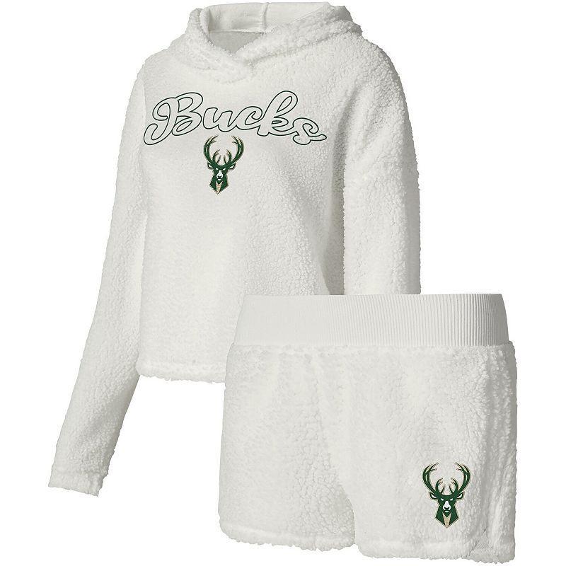 Womens College Concepts Cream Milwaukee Bucks Fluffy Long Sleeve Hoodie T-Shirt & Shorts Sleep Set Product Image