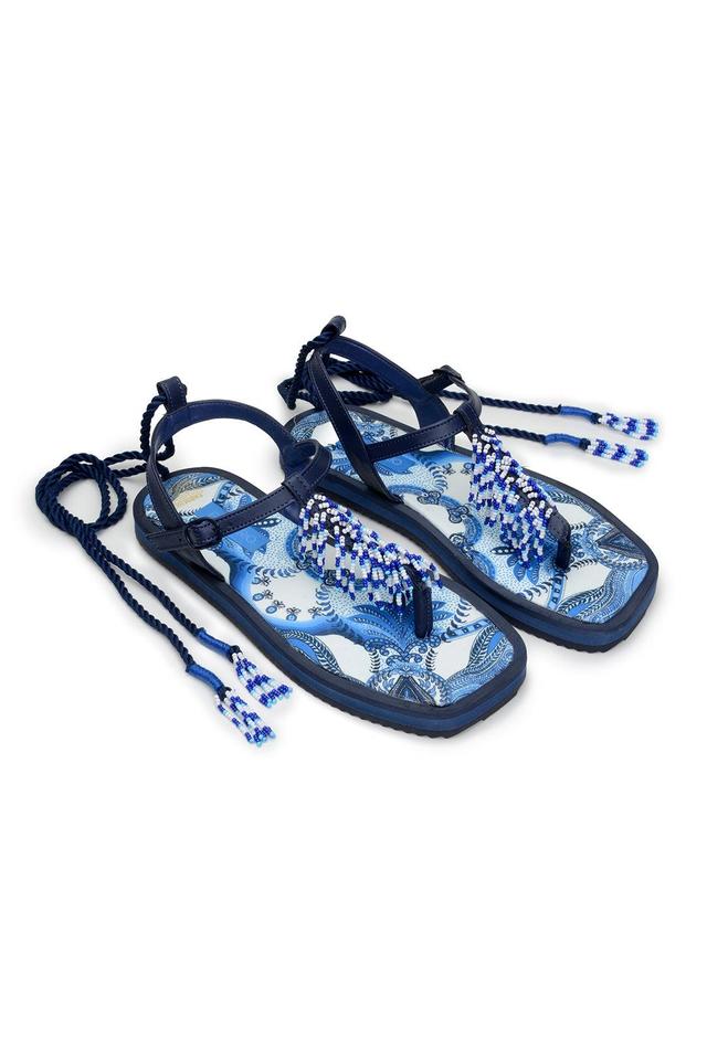 Blue Tile Beaded Flat Sandals Product Image