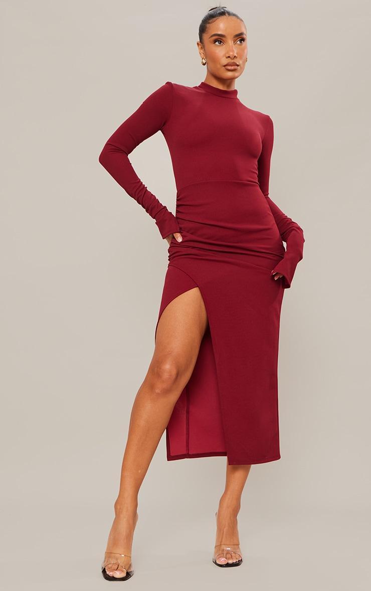 Cherry Red Crepe High Neck Split Sleeved Midi Dress Product Image