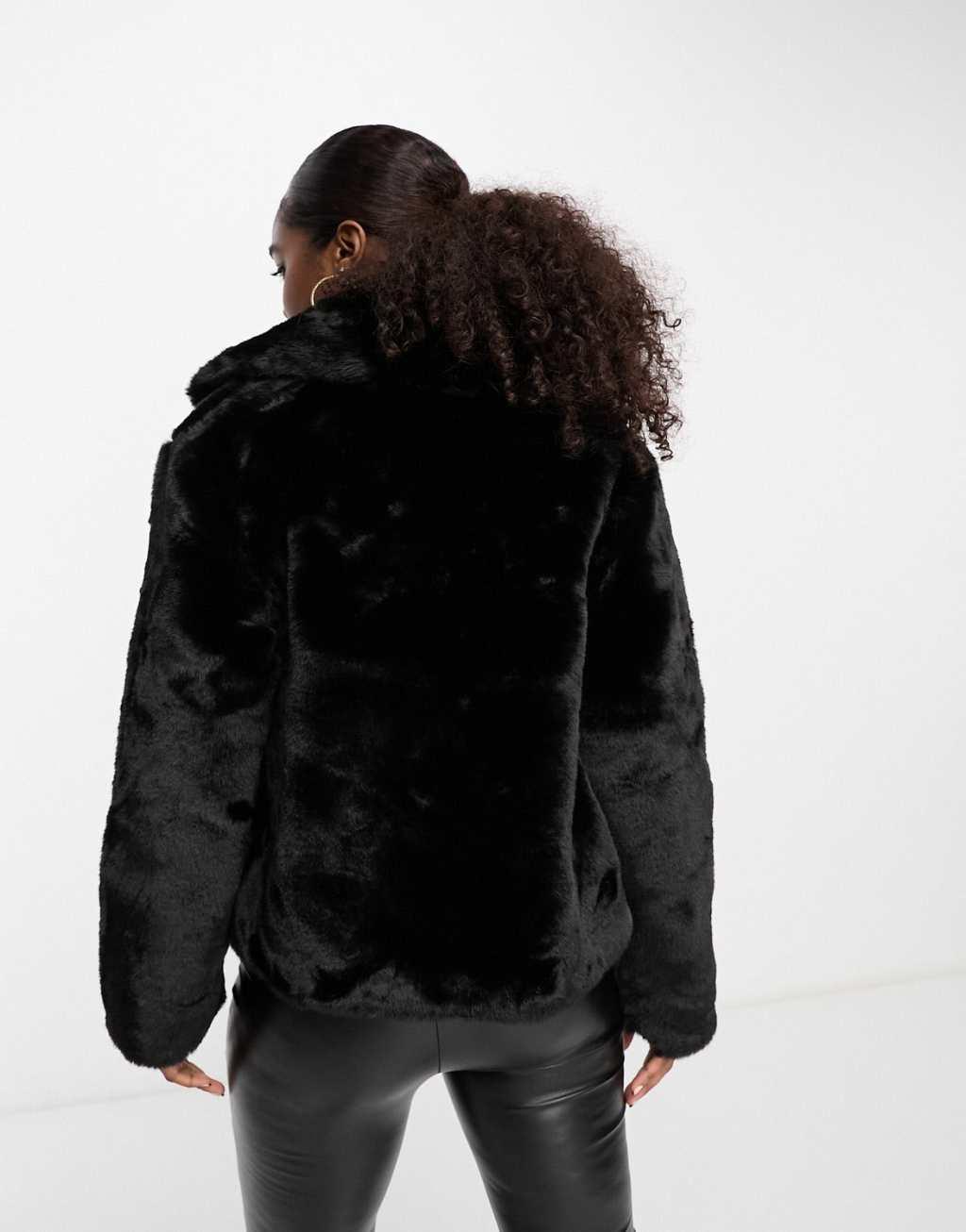 Lipsy short collared faux fur coat in black Product Image