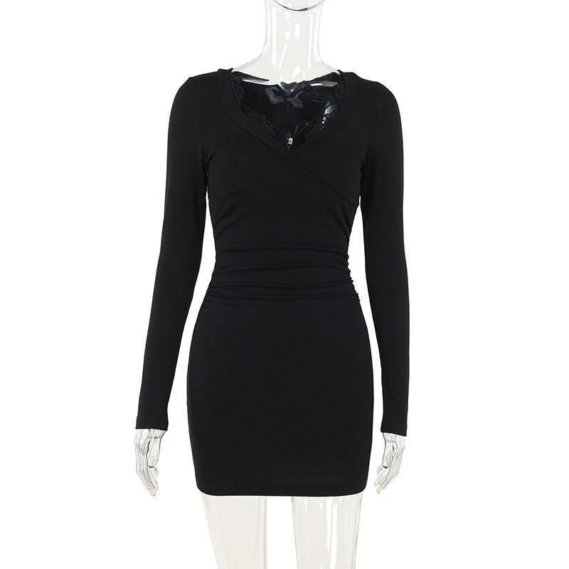 Long-Sleeve V-Neck Lace Trim Plain Mini Bodycon Dress Product Image