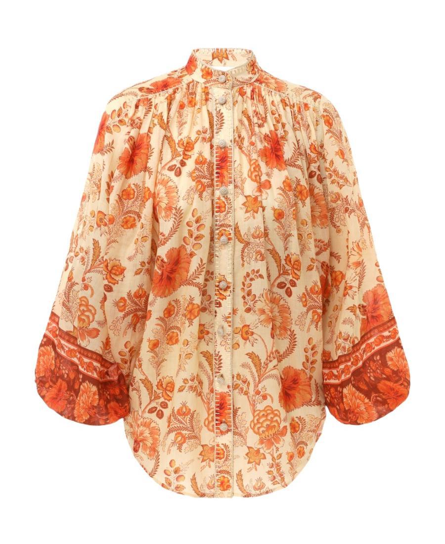 ZIMMERMANN Junie Gathered Embellished Floral-print Ramie Blouse In Yellow & Orange Product Image