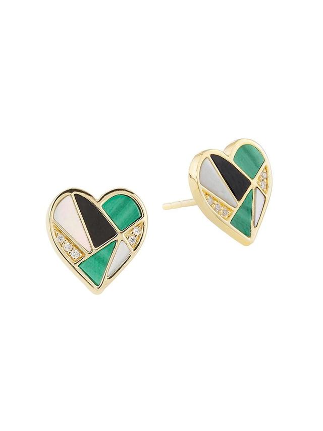 Womens 14K Yellow Gold & Multi-Gemstone Mosaic Heart Stud Earrings Product Image