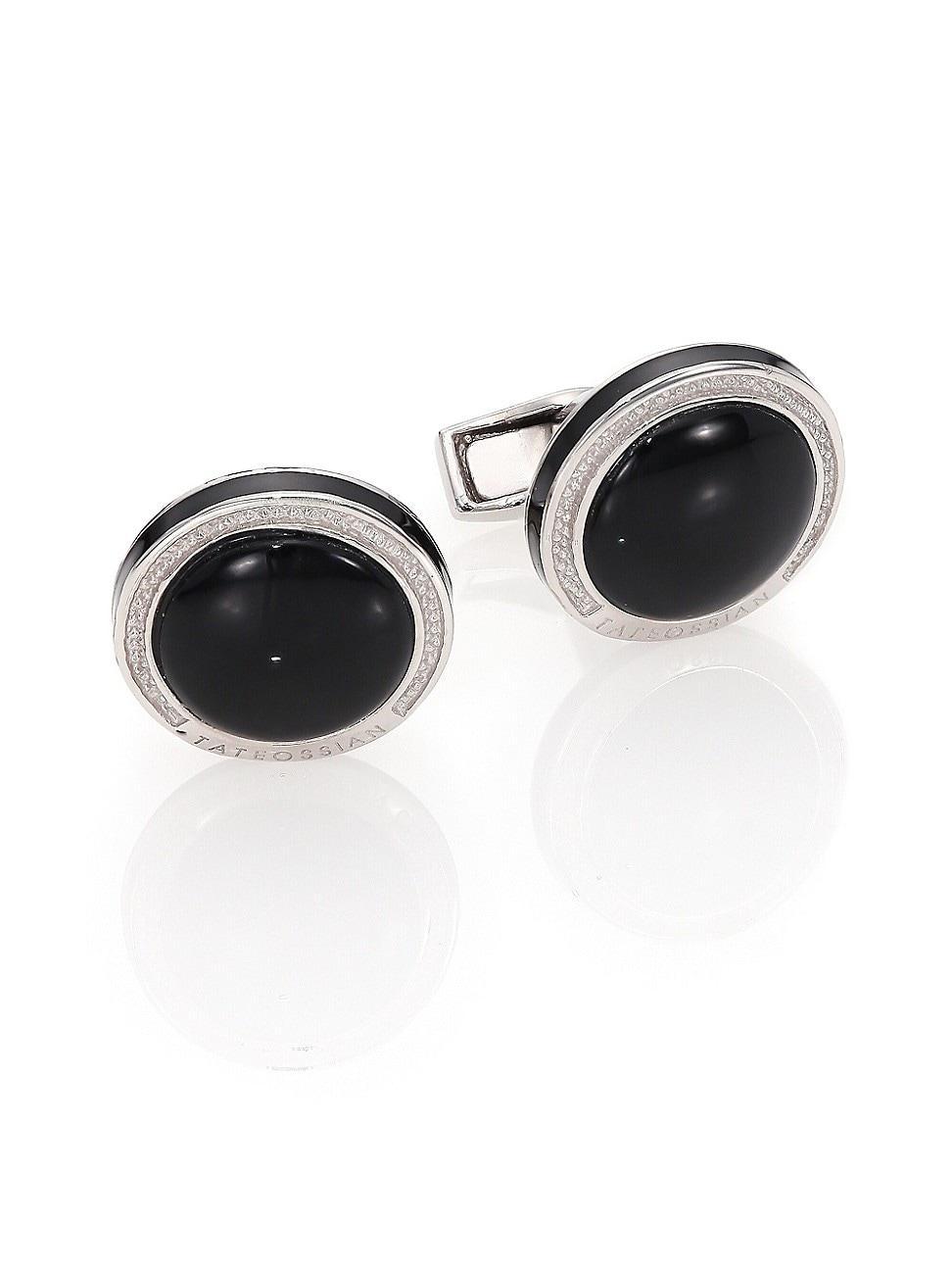 Mens Round Sterling Silver & Black Onyx Cuff Links Product Image