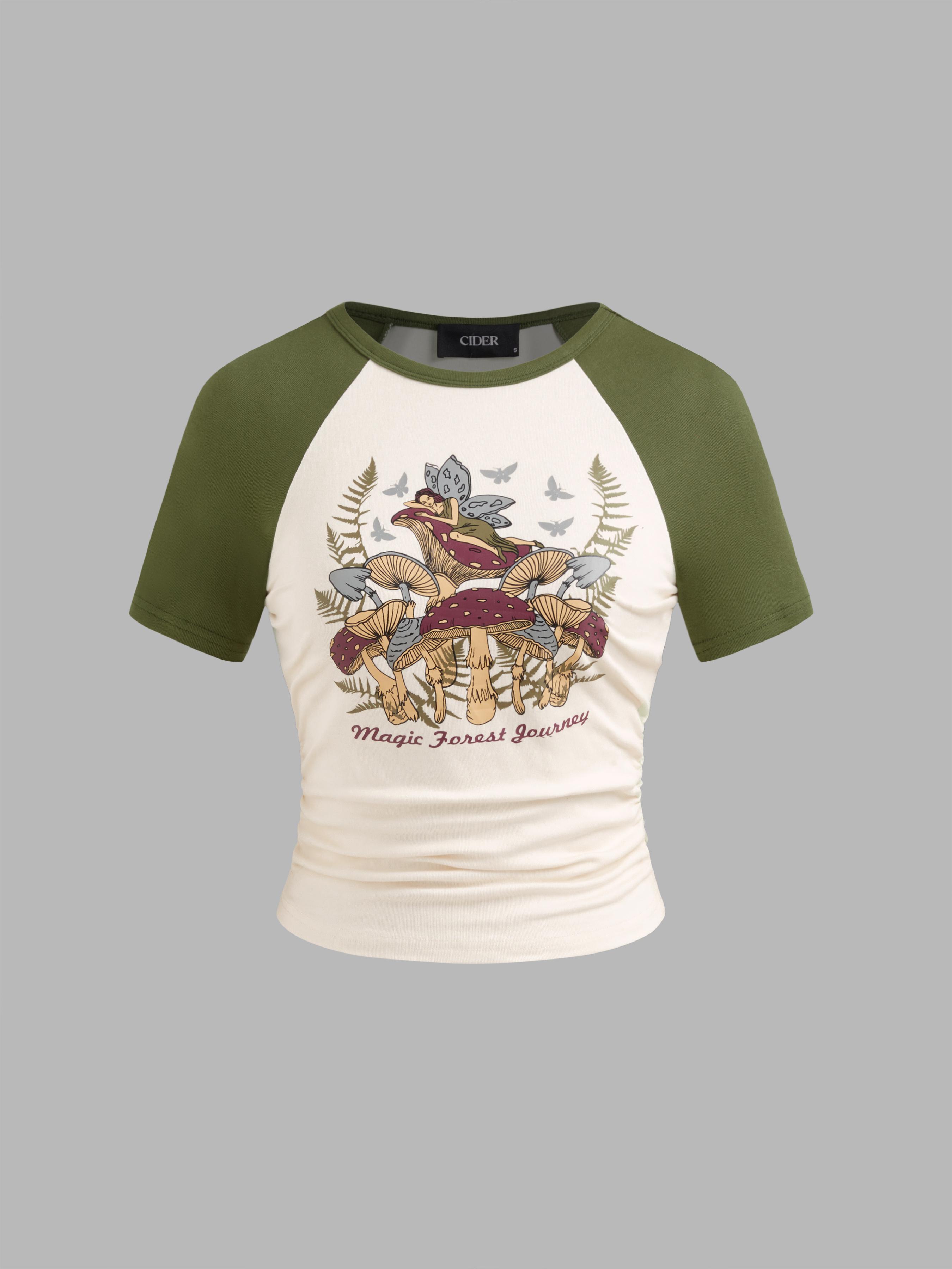 Round Neck Mushroom & Butterfly Graphic Short Sleeve Tee Product Image