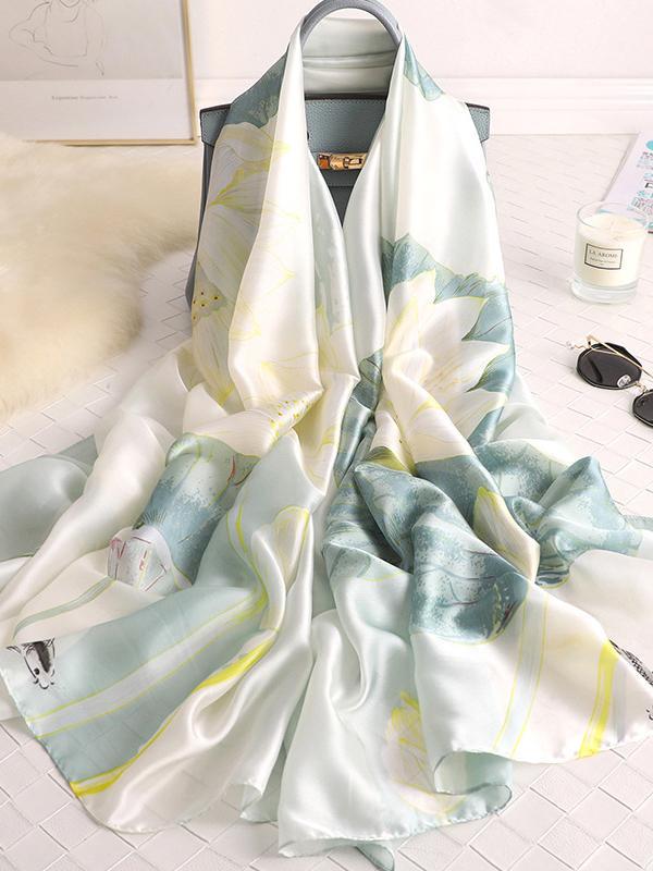 Vintage Floral Printed Silk Imitation Shawl Scarf Product Image