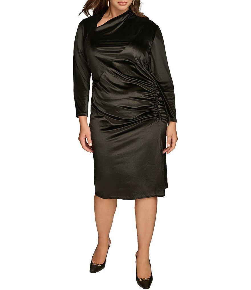 Donna Karan Plus Size Satin Velvet Asymmetrical Neck 3/4 Sleeve Sheath Dress product image