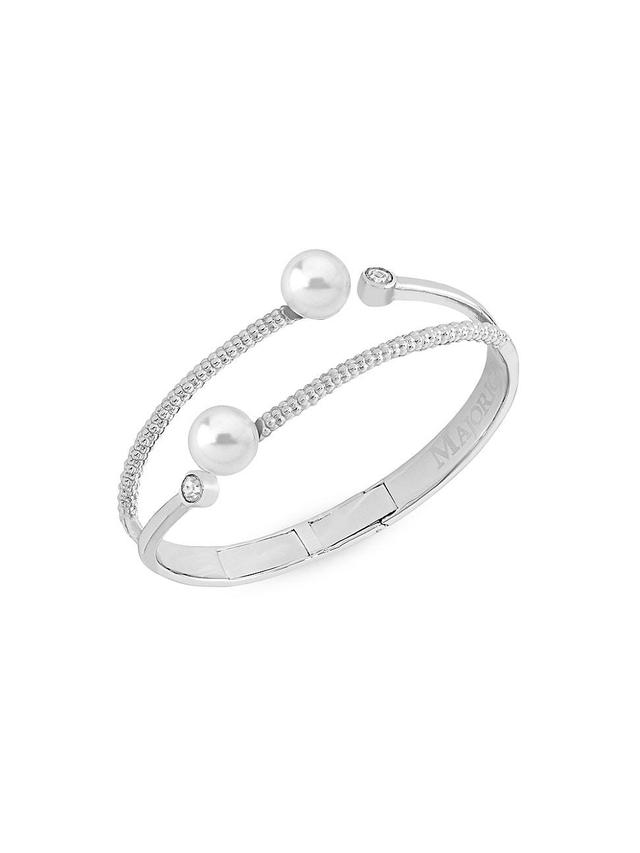 Womens Planet Rhodium-Plated Silver, Faux White Pearls & Cubic Zirconia Bangle Bracelet Product Image