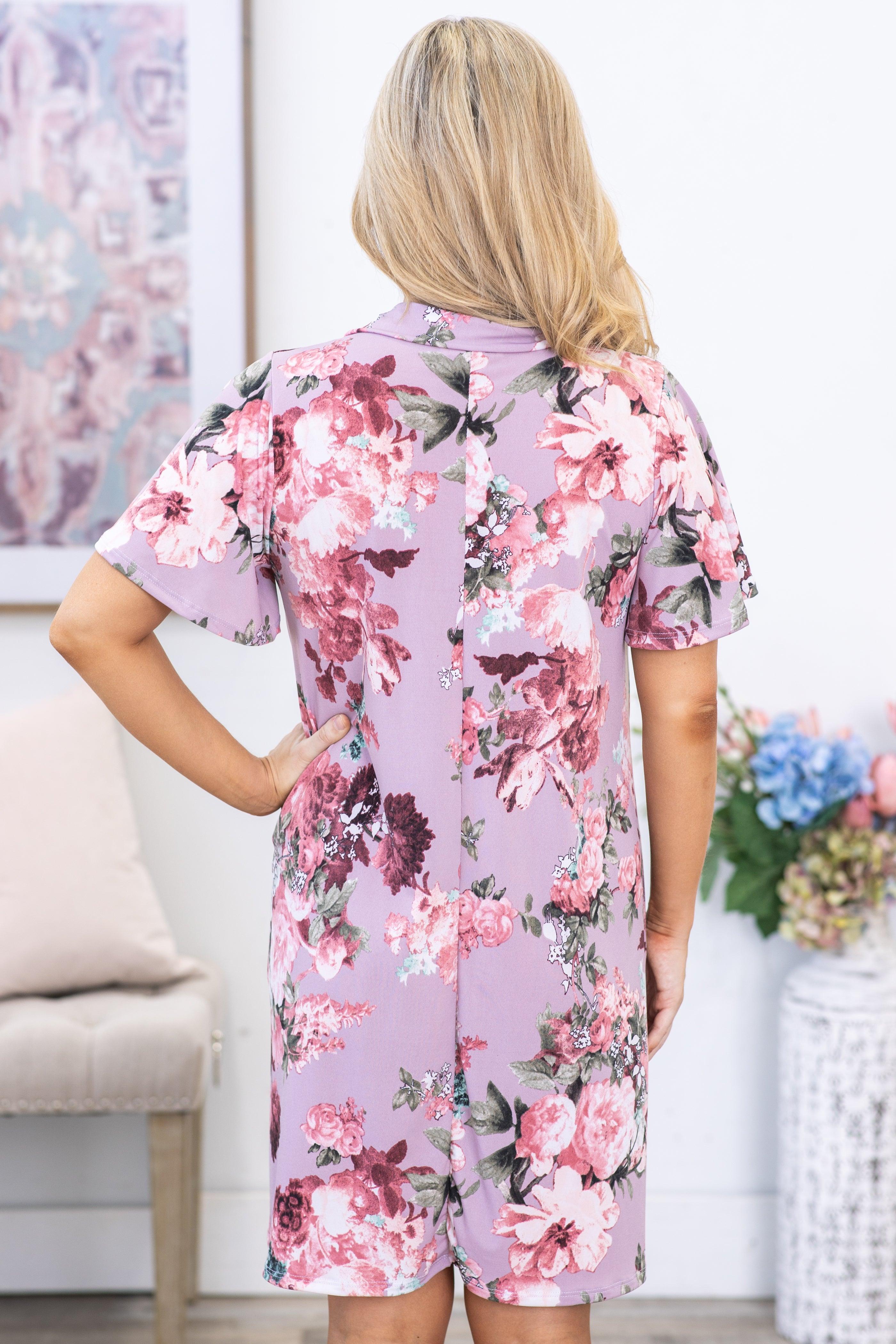 Light Mauve V-Neck Floral Dress Product Image