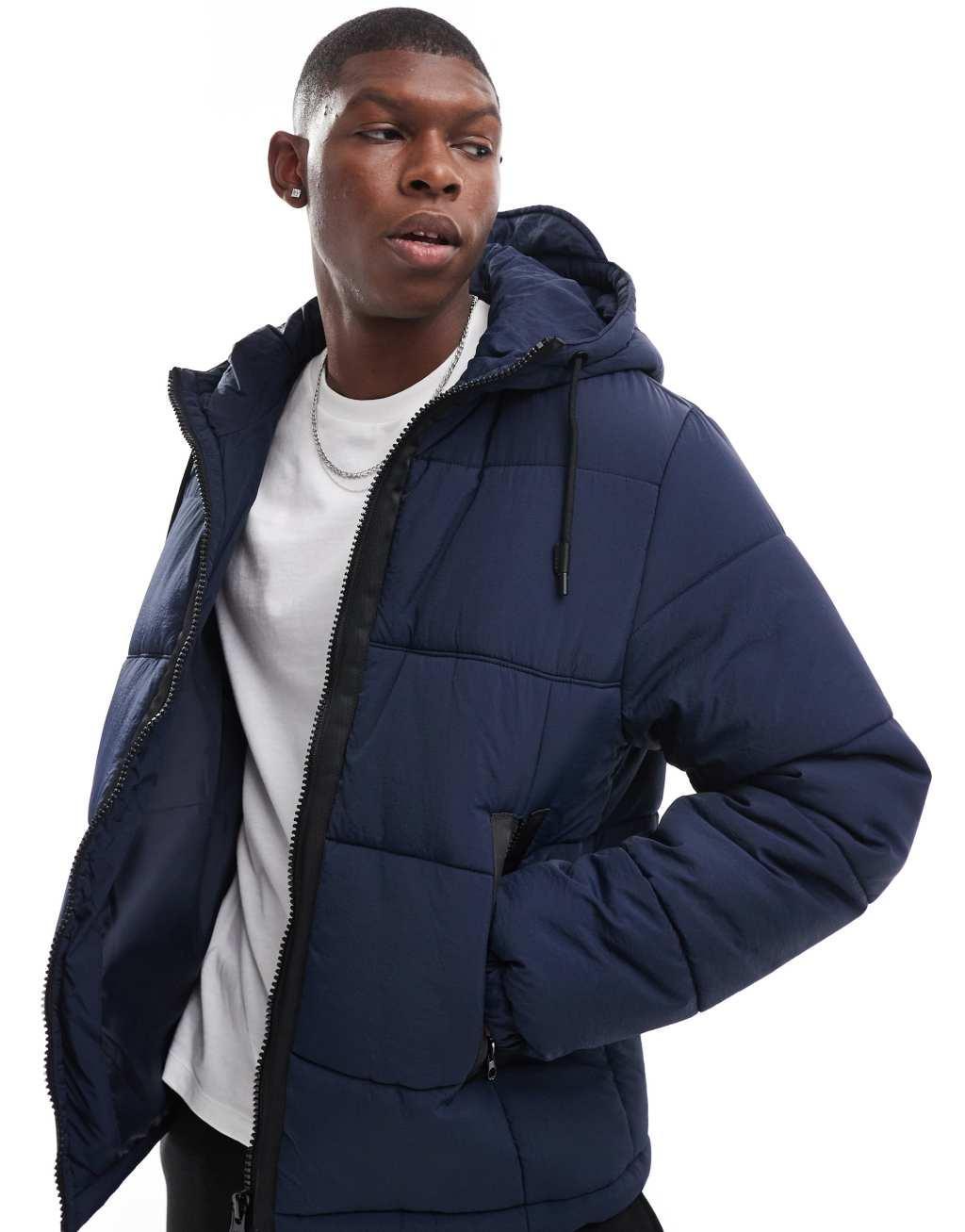 ASOS DESIGN nylon puffer jacket with contrast trims in navy Product Image