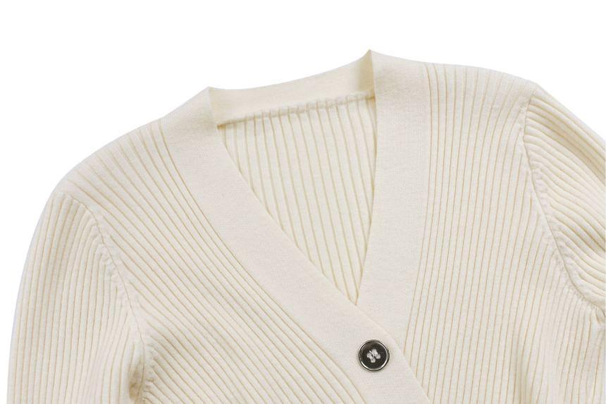 Long-Sleeve V-Neck Plain Criss Cross Buttoned Slim Fit Knit Top Product Image