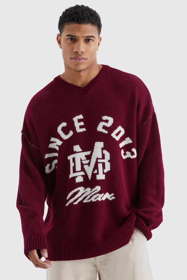 Oversized V Neck Football Knit Sweater | boohooMAN USA Product Image