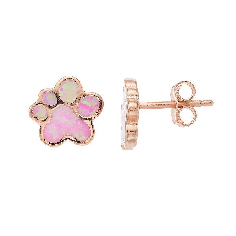 14k Rose Gold Over Silver Lab-Created Pink Opal Paw Print Stud Earrings, Womens Product Image