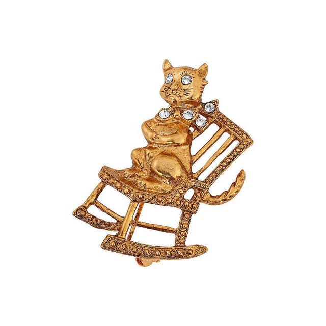 1928 Gold-Tone Crystal Cat On Rocking Chair Pin, Womens, White Product Image