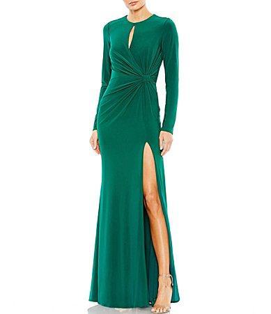 Mac Duggal Long Sleeve Keyhole Crew Neck Knot Waist Gown Product Image