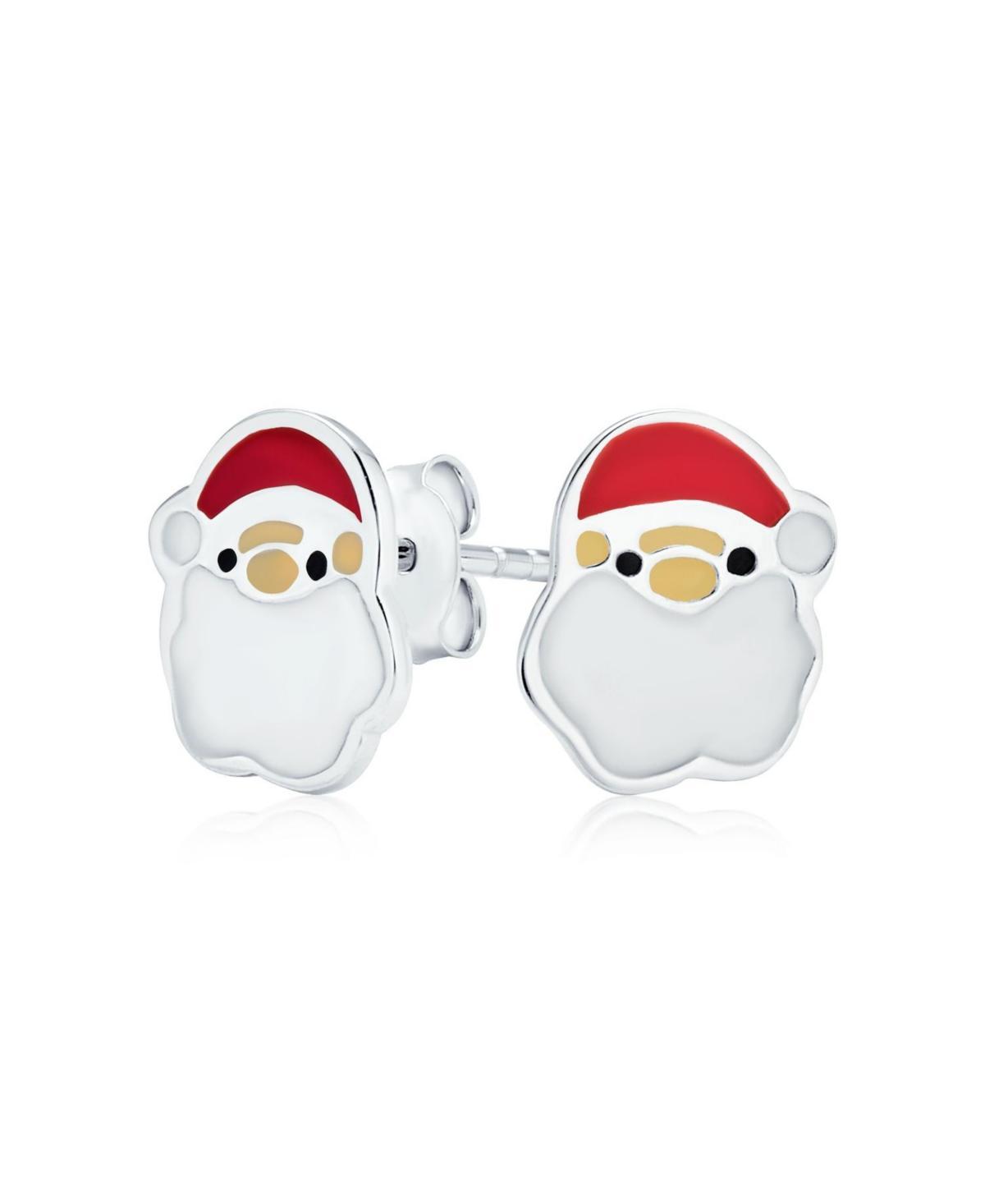 Bling Jewelry Small Holiday Winter White Red Enamel Christmas Cartoon Jolly Santa Claus Stud Earrings For Women .925 Sterling Silver Product Image