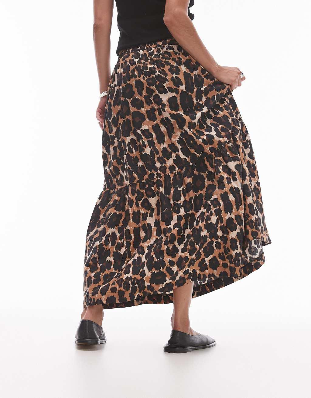 Topshop tiered midi skirt in leopard Product Image