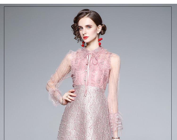 Long-Sleeve Mesh Glitter Panel Mini A-Line Dress Product Image