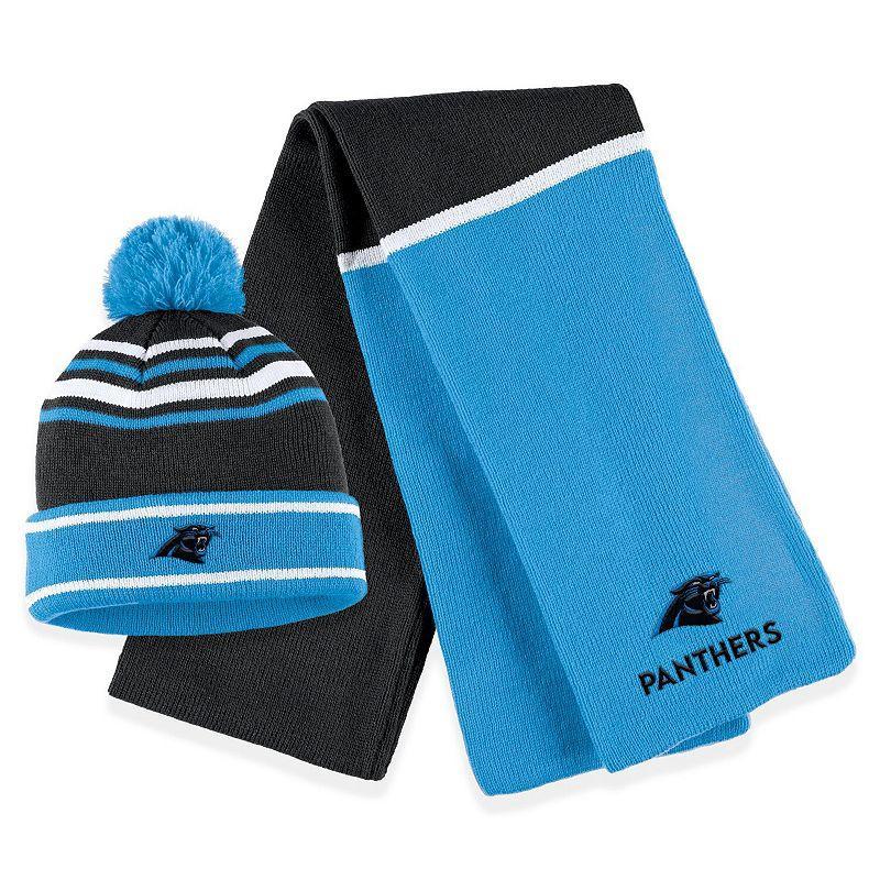 Womens WEAR by Erin Andrews Carolina Panthers Colorblock Cuffed Knit Hat with Pom and Scarf Set Product Image