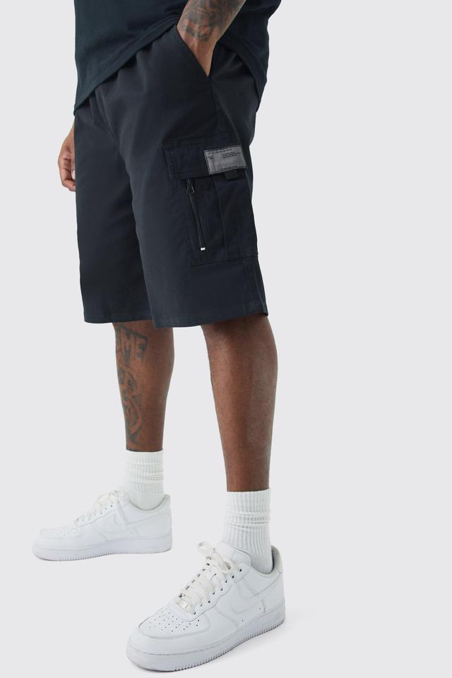 Plus Fixed Waist Twill Relaxed Cargo Zip Detail Tab Short | boohooMAN USA Product Image