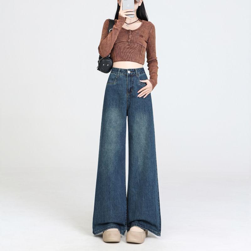 High Waist Washed Wide Leg Jeans Product Image