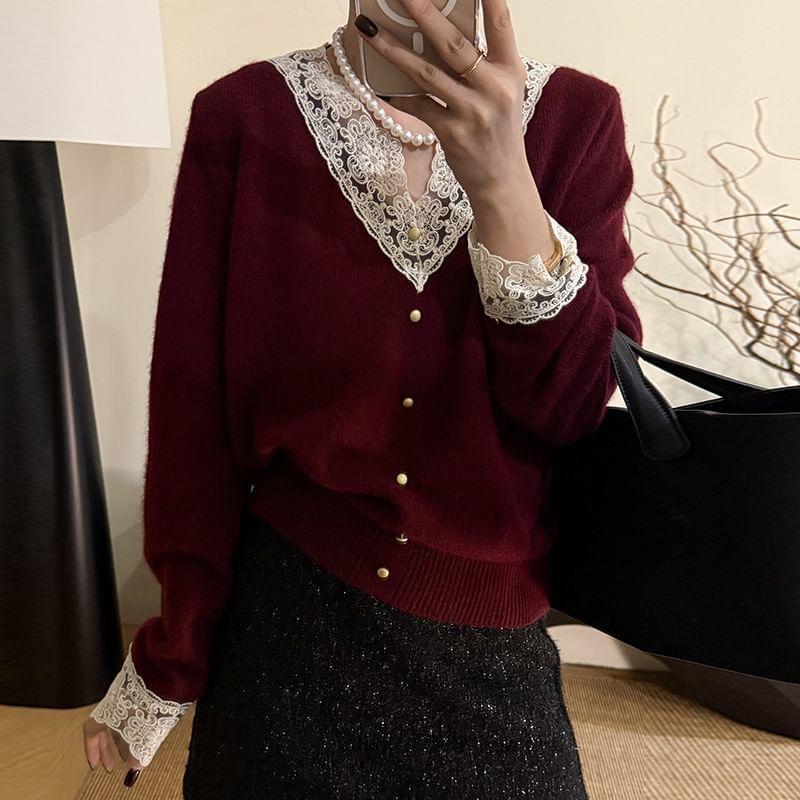 V-Neck Lace Panel Button Accent Sweater product image