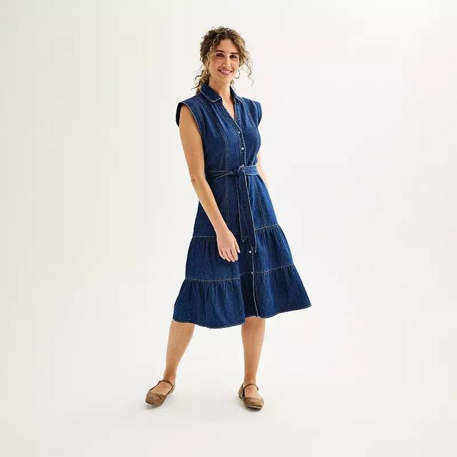 Womens Draper James Button Front Sleeveless Tiered Denim Dress Dark Blue Product Image