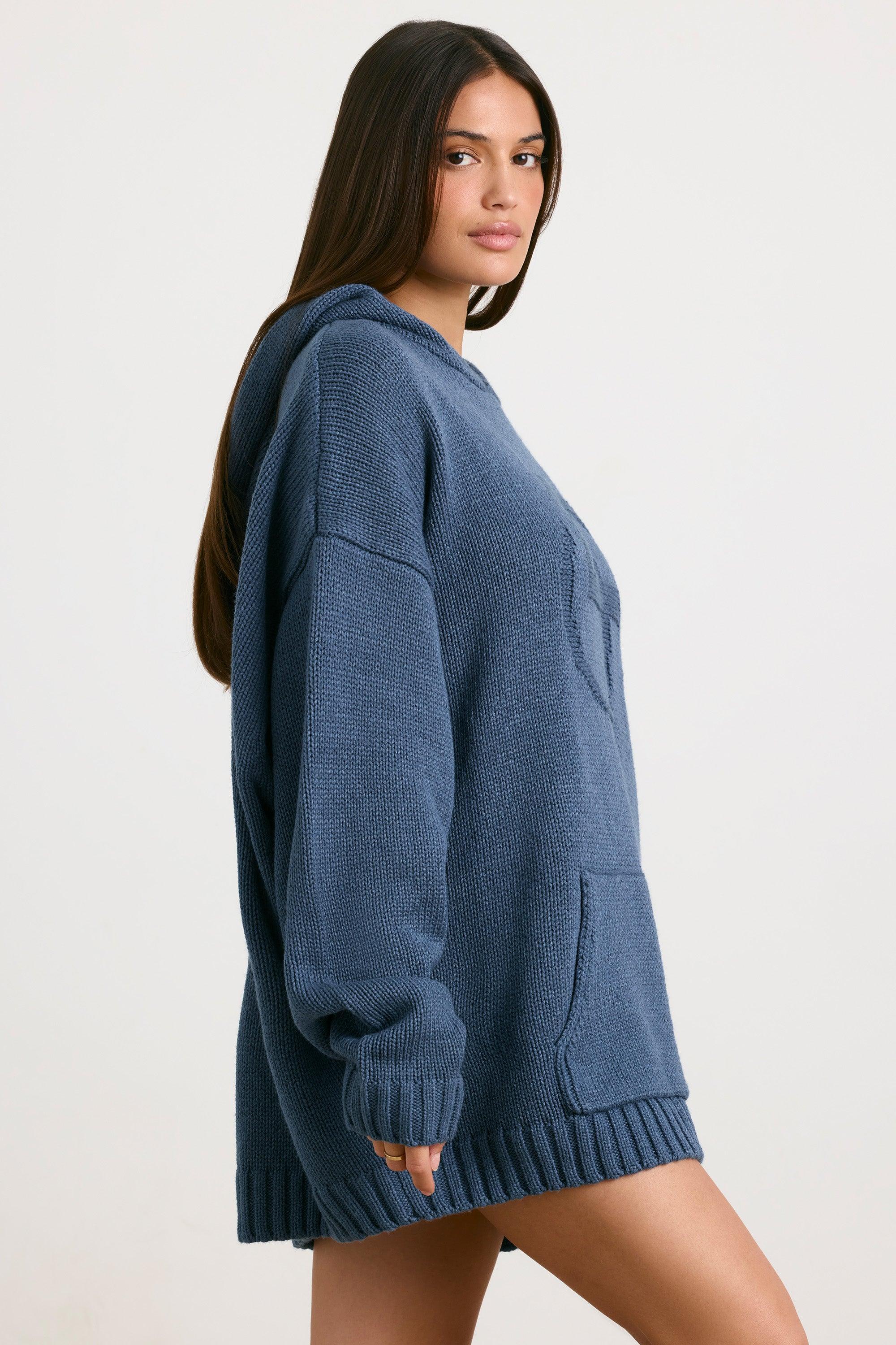 Oversized Chunky Knit Hoodie in Washed Navy Product Image