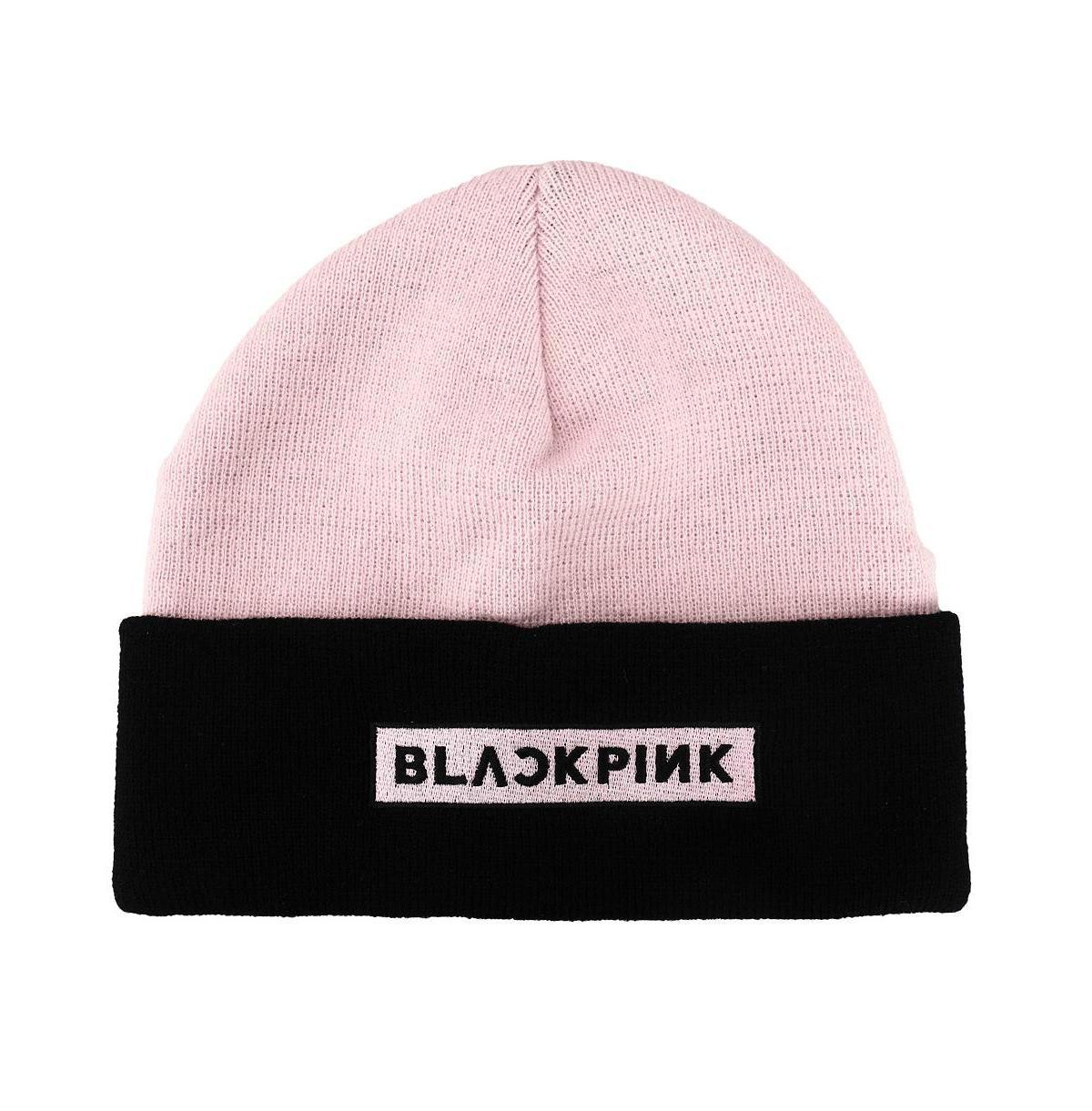 Blackpink Mens Embroidered Logo Pink and Black Cuffed Knitted Beanie hat Product Image