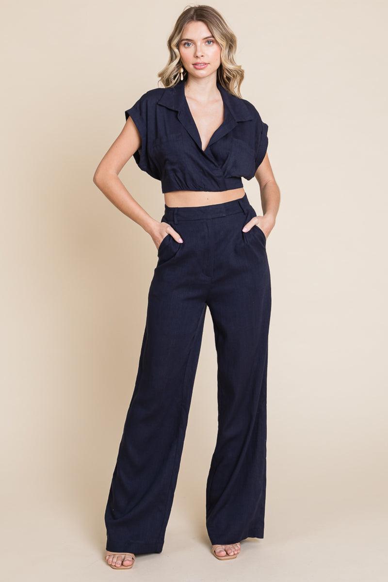 Hide Waist Wide Leg Pants And Crop Top Linen Sets Product Image