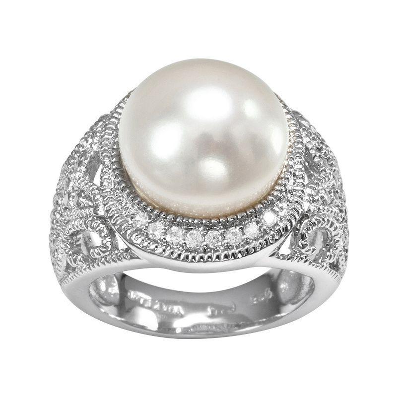 Sophie Miller Sterling Silver Freshwater Cultured Pearl & Cubic Zirconia Filigree Halo Ring, Womens White Product Image